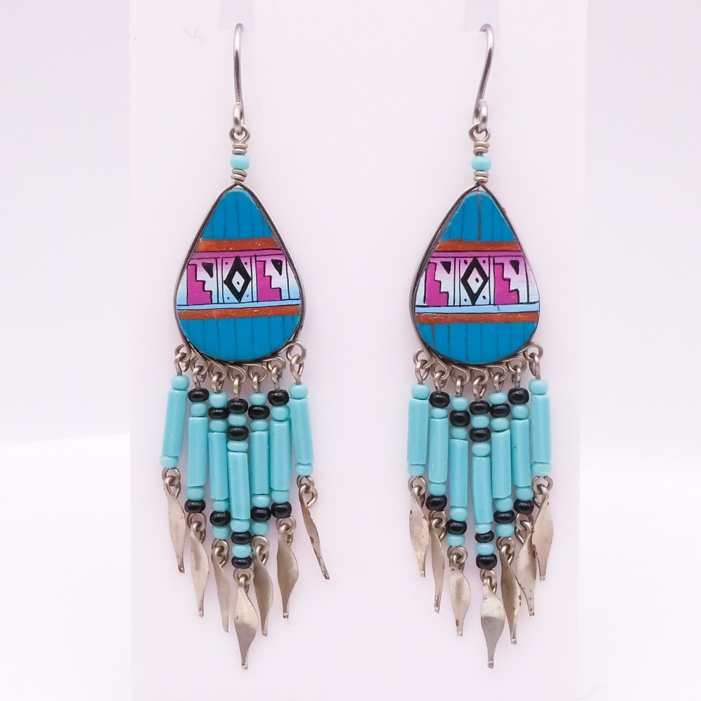 Vintage Handmade Turquoise Handpainted Chandalier Drop-Dangle 2.5" Earrings